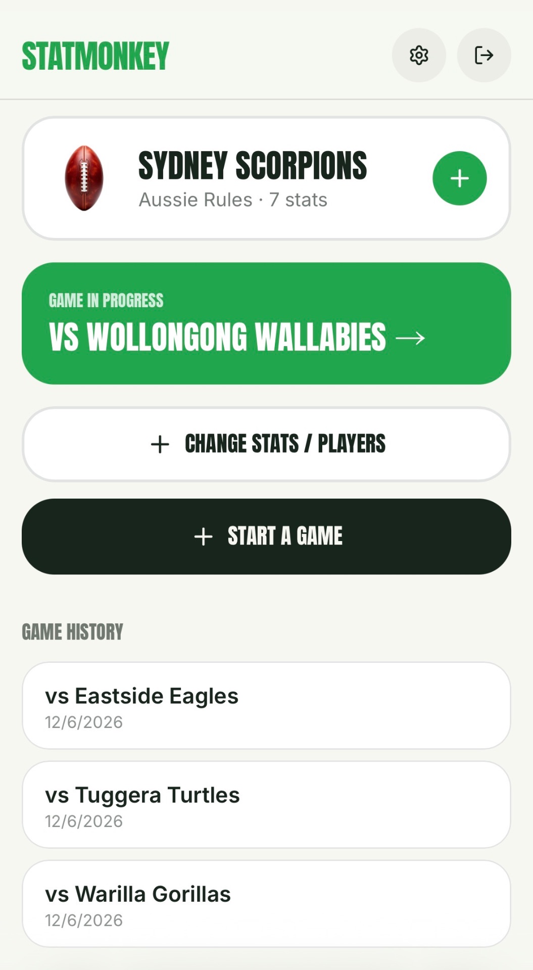 StatMonkey home screen